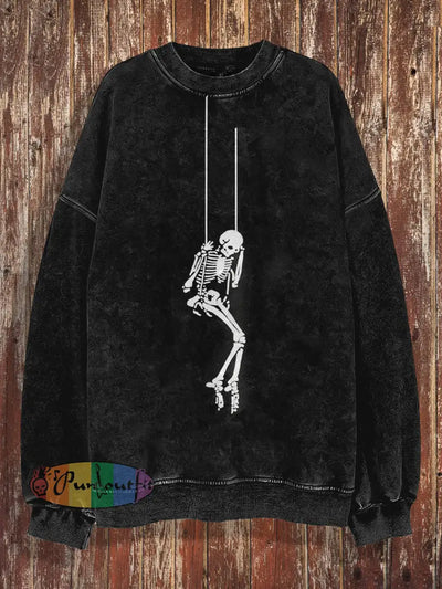 Unisex Swing Skull Print Halloween Crew Neck Casual Sweatshirt Black / S