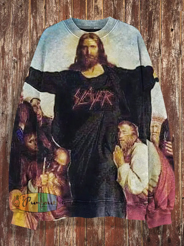 Unisex Thanks Jesus Print Christmas Crew Neck Casual Sweatshirt Colorful / S