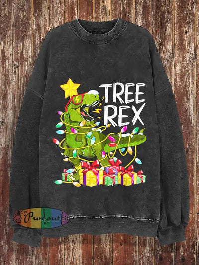 Unisex Tree Rex Print Christmas Crew Neck Casual Sweatshirt Black / S