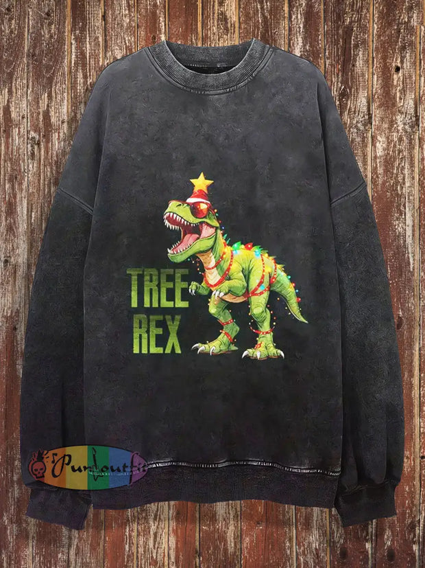 Unisex Tree Rex Print Crew Neck Casual Sweatshirt Black / S