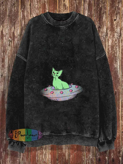 Unisex Ufo Cat Print Crew Neck Casual Sweatshirt Black / S