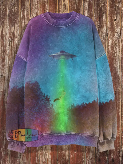 Unisex Ufo Cat Print Crew Neck Casual Sweatshirt Colorful / S