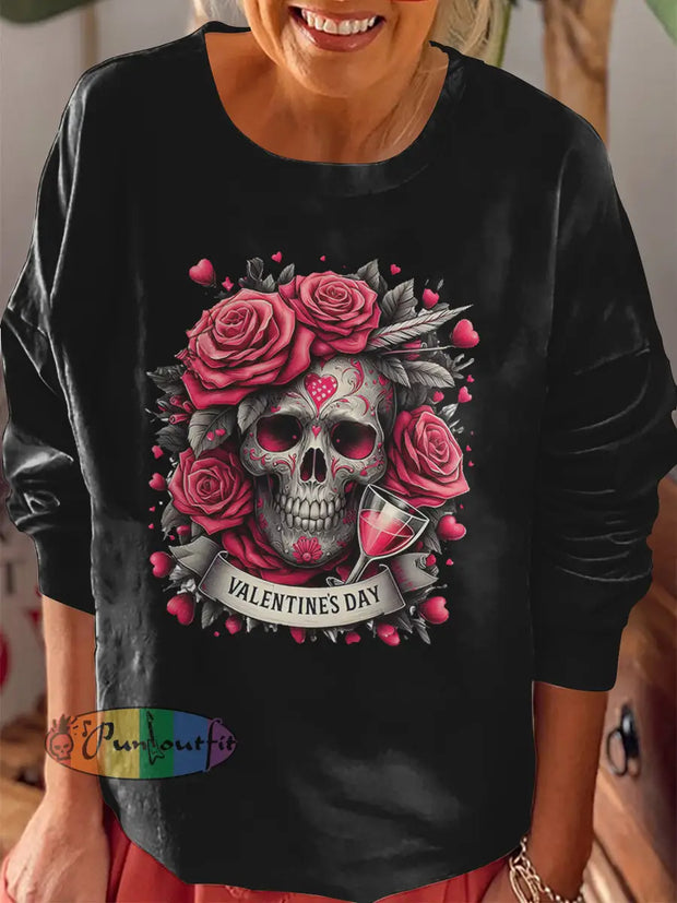 Unisex Valentine’s Day Skull Print Crew Neck Casual Sweatshirt Black / S