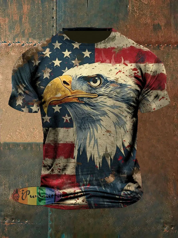 Unisex Vintage American Flag Eagle Abstract Print Casual Cotton Short Sleeve T-Shirt As picture / S