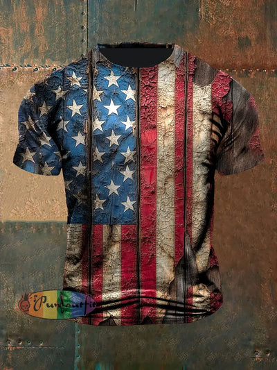 Unisex Vintage American Flag Old Rust Abstract Print Casual Cotton Short Sleeve T-Shirt As picture / S