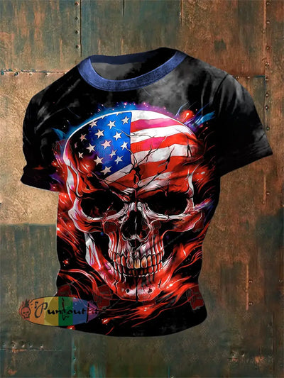 Unisex Vintage American Flag Skull Abstract Print Casual Cotton Short Sleeve T-Shirt Black / S