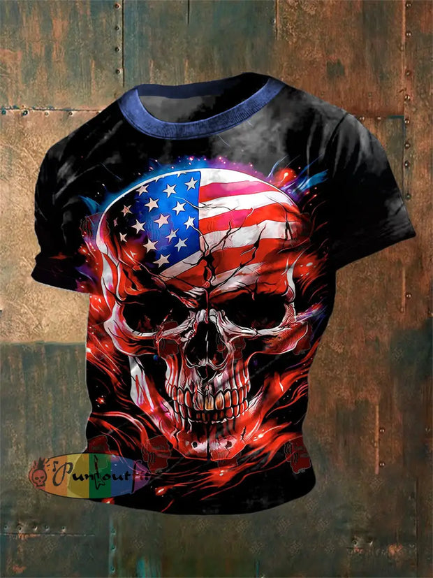 Unisex Vintage American Flag Skull Abstract Print Casual Cotton Short Sleeve T-Shirt Black / S