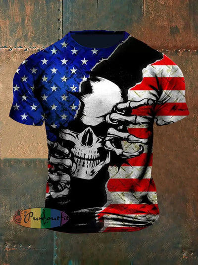 Unisex Vintage American Flag Skull Tear Abstract Print Casual Cotton Short Sleeve T-Shirt As picture / S