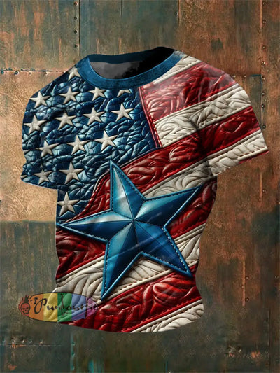 Unisex Vintage American Flag Star Abstract Print Casual Cotton Short Sleeve T-Shirt As picture / S