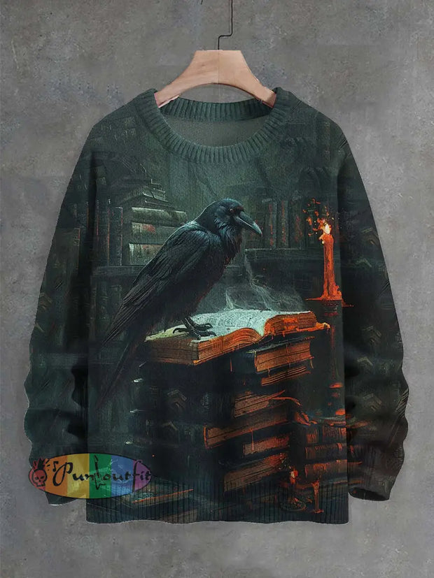 Unisex Vintage Book Raven Print Crew Neck Sweater As Picture / S