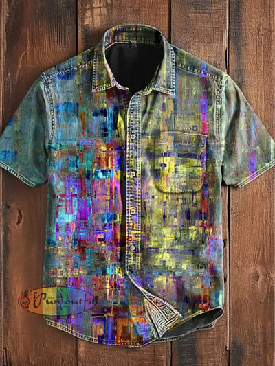 Unisex Vintage Colourful Pigments Abstract Print Casual Cotton Short Sleeve Pocket Shirt Green / S
