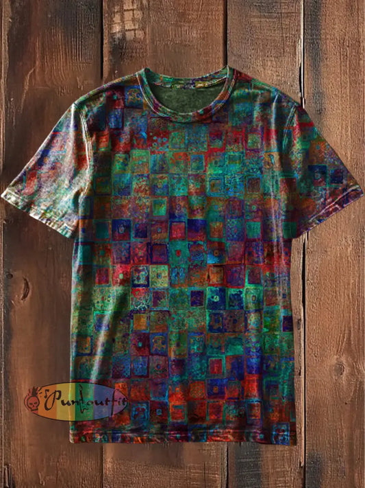 Unisex Vintage Colourful Plaid Art Abstract Print Casual Cotton Short Sleeve T-Shirt As picture / S