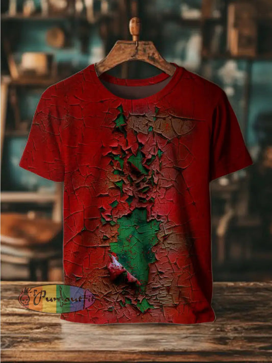 Unisex Vintage Colourful Rusty Aged Abstract Print Casual Cotton Short Sleeve T-Shirt Wine Red / S