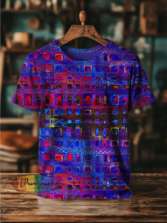 Unisex Vintage Colourful Square Gradient Abstract Print Casual Cotton Short Sleeve T-Shirt Purple / S