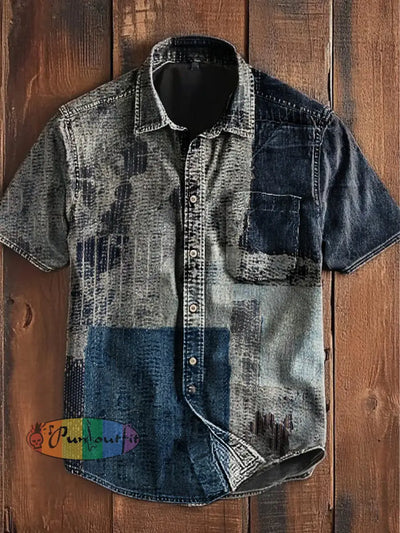 Unisex Vintage Denim Blue Block Colourful Art Abstract Print Casual Upgraded Cotton Short Sleeve Pocket Shirt Blue / S