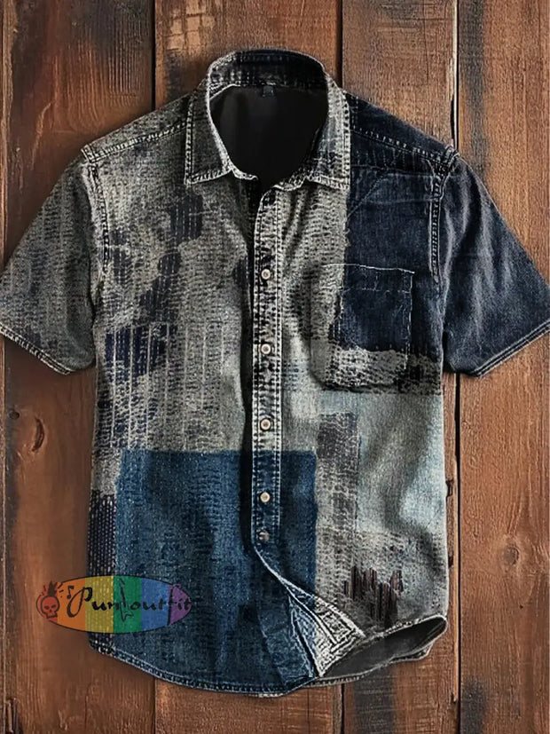 Unisex Vintage Denim Blue Block Colourful Art Abstract Print Casual Upgraded Cotton Short Sleeve Pocket Shirt Blue / S
