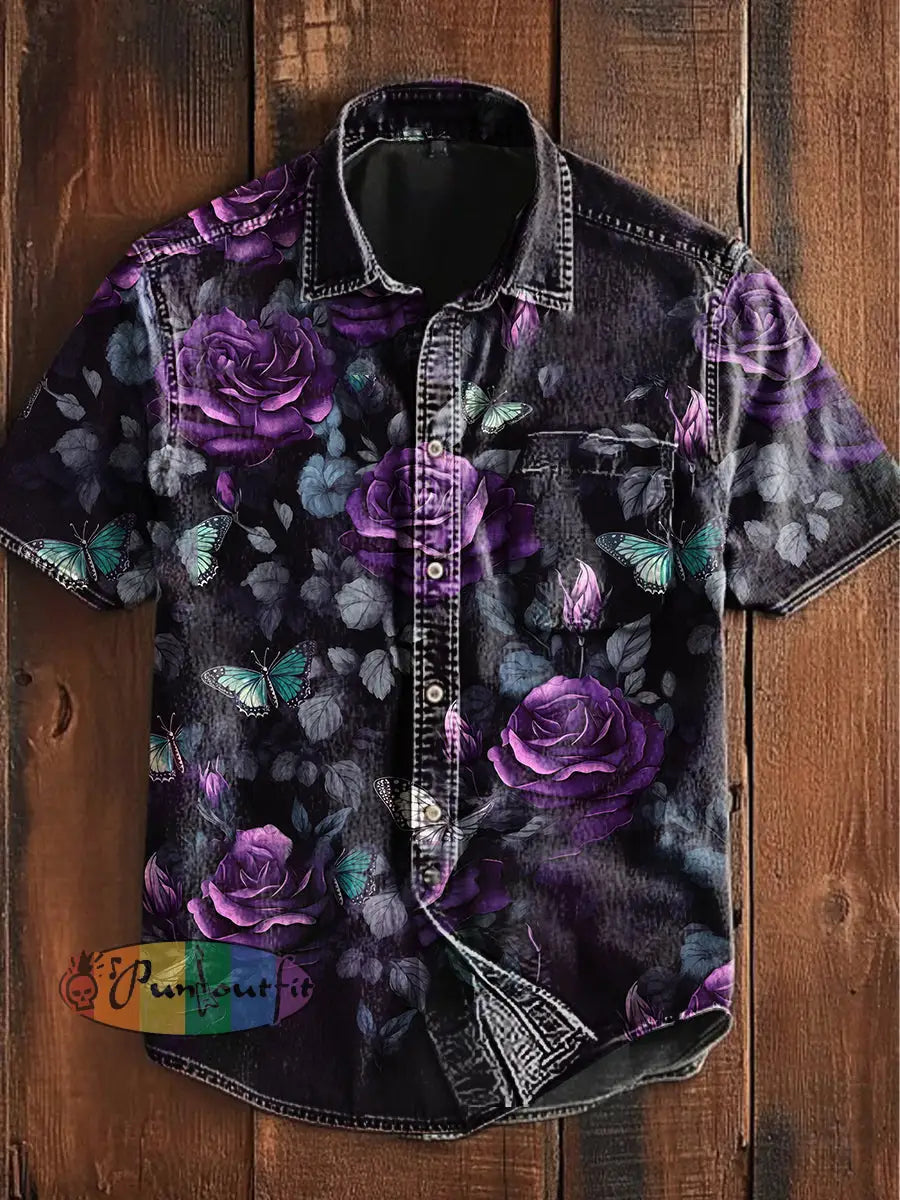 Unisex Vintage Gothic Butterfly Rose Floral Abstract Print Casual Upgraded Cotton Short Sleeve Pocket Shirt Purple / S