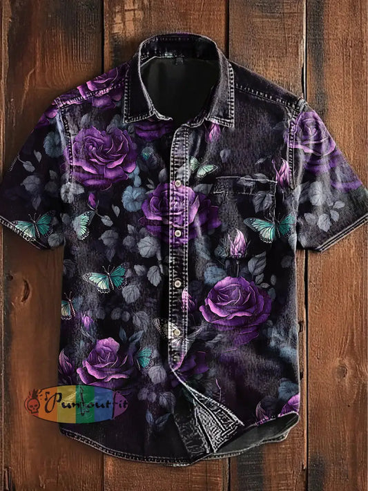 Unisex Vintage Gothic Butterfly Rose Floral Abstract Print Casual Upgraded Cotton Short Sleeve Pocket Shirt Purple / S