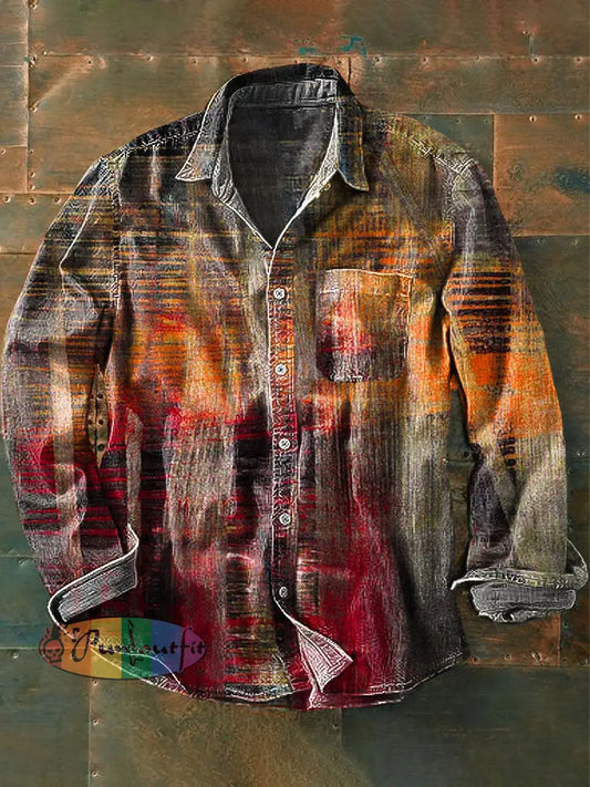 Unisex Vintage Gradient Color Line Art Print Lapel Long Sleeve Pocket Shirt Colorful / S