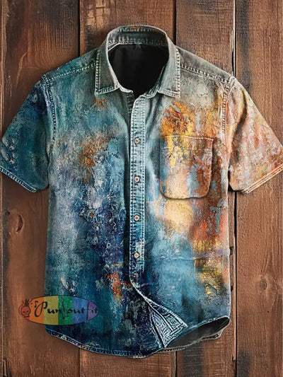 Unisex Vintage Gradient Colourful Pattern Abstract Print Casual Cotton Short Sleeve Pocket Shirt Blue / S