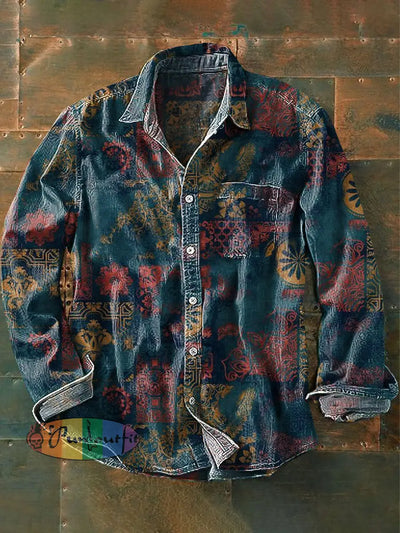 Unisex Vintage Gradient Floral Geometric Art Print Lapel Long Sleeve Pocket Shirt Colorful / S
