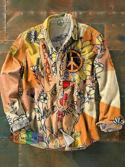 Unisex Vintage Peace And Love Daisy Art Print Cotton Lapel Long Sleeve Pocket Shirt Colorful / S