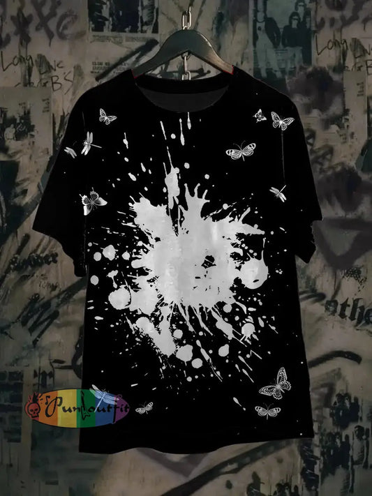 Unisex Vintage Punk Butterfly Dragonfly Graffiti Abstract Print Casual Cotton Short Sleeve T-Shirt Black / S