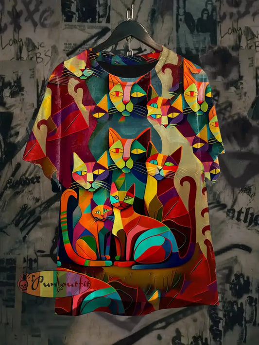 Unisex Vintage Punk Colourful Geometric Cats Abstract Print Casual Cotton Short Sleeve T-Shirt As picture / S