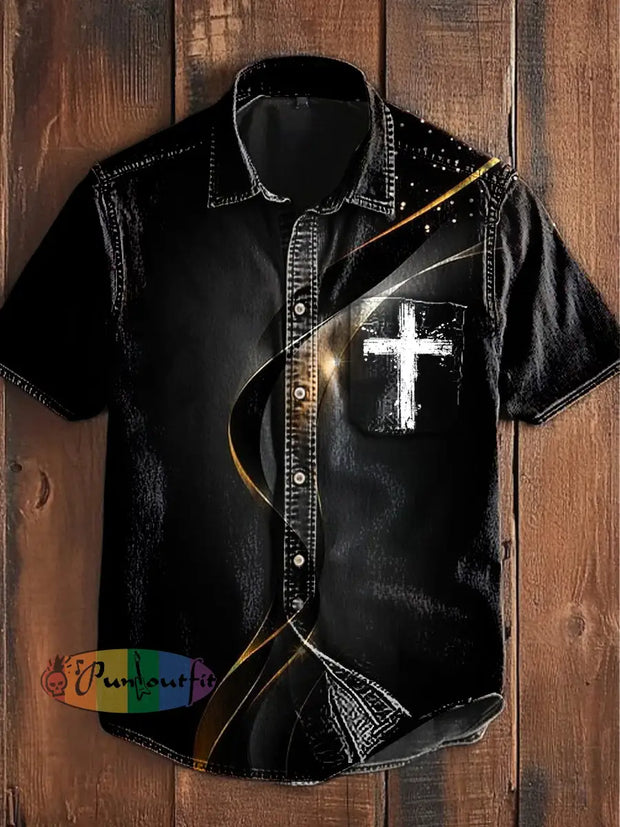 Unisex Vintage Punk Colourful Lines Faith Cross Art Abstract Print Casual Upgraded Cotton Short Sleeve Pocket Shirt