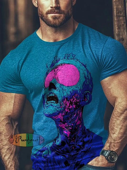 Unisex Vintage Punk Colourful Skull Abstract Print Casual Cotton Short Sleeve T-Shirt Blue / S