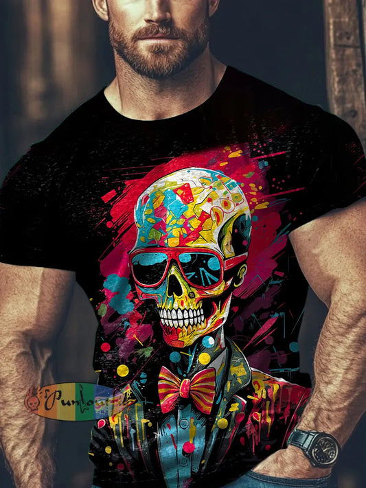 Unisex Vintage Punk Colourful Skull Huevos Calacas Abstract Print Casual Cotton Short Sleeve T-Shirt Black / S