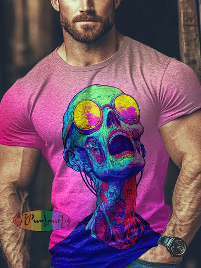 Unisex Vintage Punk Colourful Skull Screams Abstract Print Casual Cotton Short Sleeve T-Shirt Pink / S