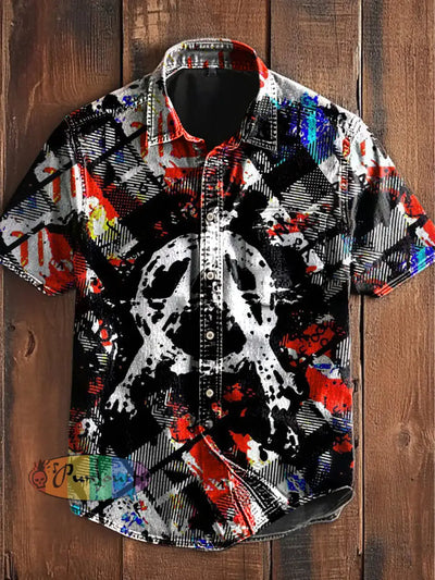 Unisex Vintage Punk Colourful Slogan Abstract Print Casual Upgraded Cotton Short Sleeve Pocket Shirt Black / S
