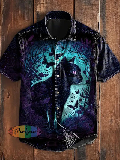 Unisex Vintage Punk Gothic Butterfly Floral Black Light Cat Abstract Print Casual Upgraded Cotton Short Sleeve Pocket