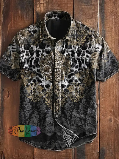 Unisex Vintage Punk Gothic Floral Colourful Leopard Abstract Print Casual Upgraded Cotton Short Sleeve Pocket Shirt