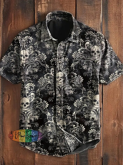 Unisex Vintage Punk Gothic Skull Floral Art Abstract Print Casual Upgraded Cotton Short Sleeve Pocket Shirt Black / S