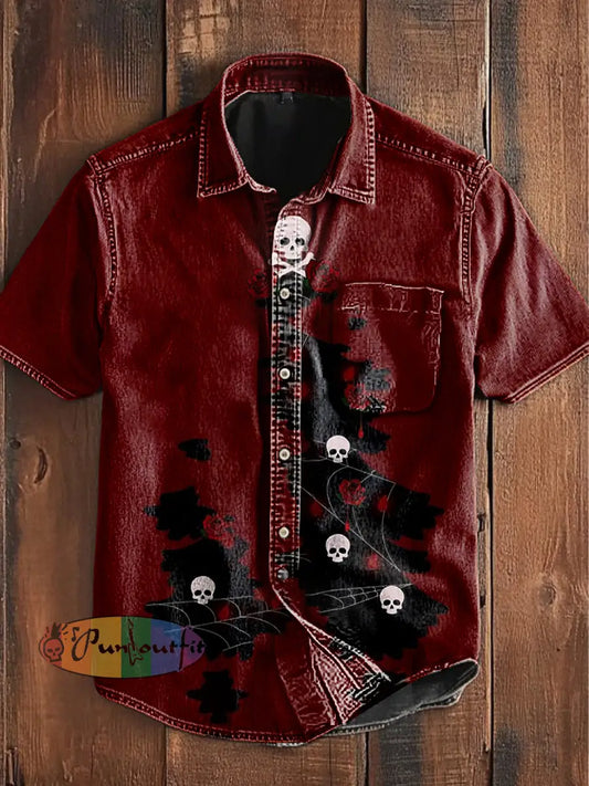 Unisex Vintage Punk Gothic Skull Rose Spider Web Abstract Print Casual Cotton Short Sleeve Pocket Shirt Wine Red / S