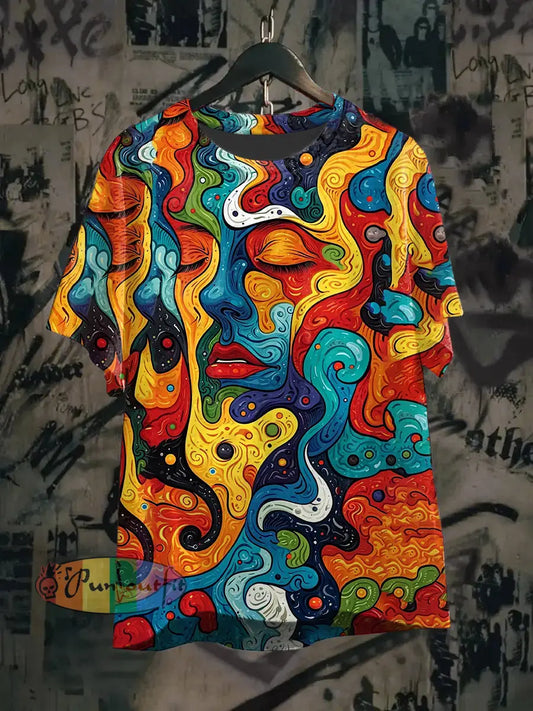 Unisex Vintage Punk Hippie Colourful Portrait Art Abstract Print Casual Cotton Short Sleeve T-Shirt As picture / S