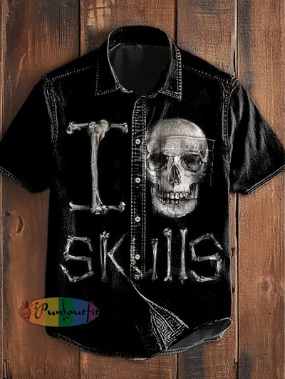 Unisex Vintage Punk I Love Skulls Abstract Print Casual Upgraded Cotton Short Sleeve Pocket Shirt Black / S