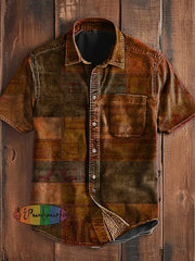 Unisex Vintage Punk Multi Colour Block Patchwork Art Abstract Print Casual Upgraded Cotton Short Sleeve Pocket Shirt