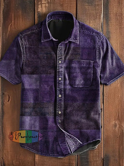 Unisex Vintage Punk Multi Colour Block Patchwork Art Abstract Print Casual Upgraded Cotton Short Sleeve Pocket Shirt
