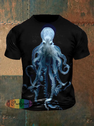 Unisex Vintage Punk Ocean Octopus Abstract Print Casual Cotton Short Sleeve T-Shirt Black / S