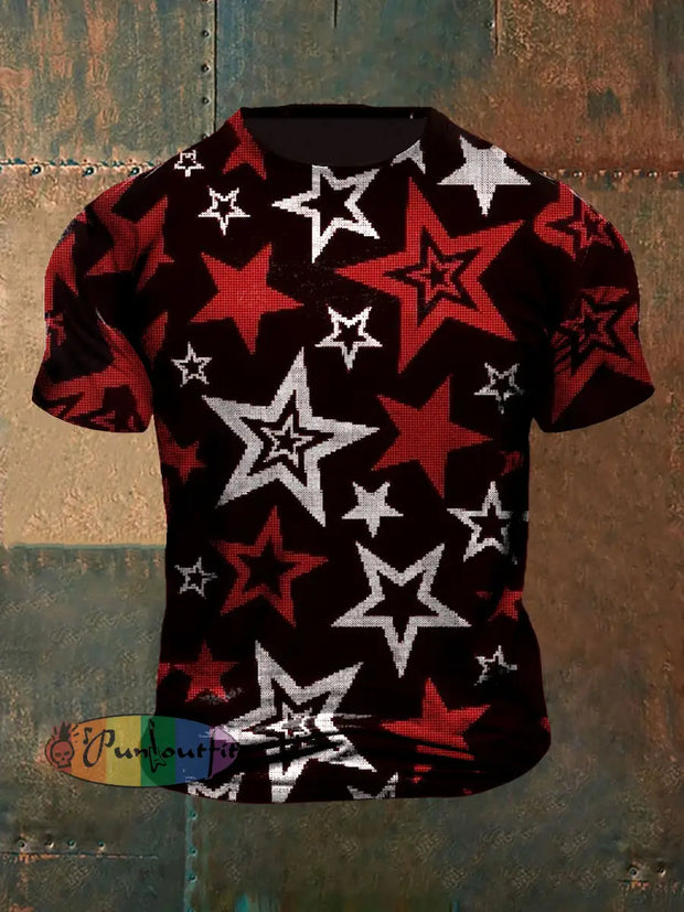 Unisex Vintage Punk Red Stars Irregular Abstract Print Casual Cotton Short Sleeve T-Shirt Red / S