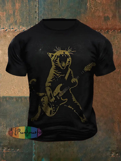 Unisex Vintage Punk Rock Cat Playing Guitar Abstract Print Casual Cotton Short Sleeve T-Shirt Black / S
