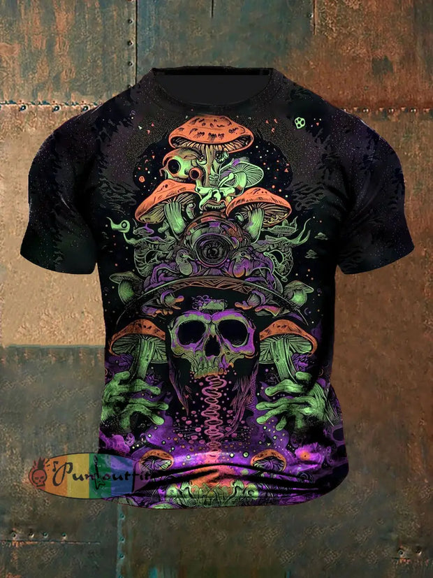 Unisex Vintage Punk Skull Colourful Mushroom Abstract Print Casual Cotton Short Sleeve T-Shirt Black / S