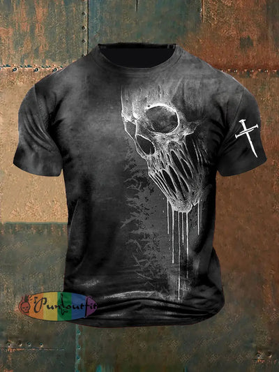 Unisex Vintage Punk Skull Cross Faith Abstract Print Casual Cotton Short Sleeve T-Shirt Gray / S