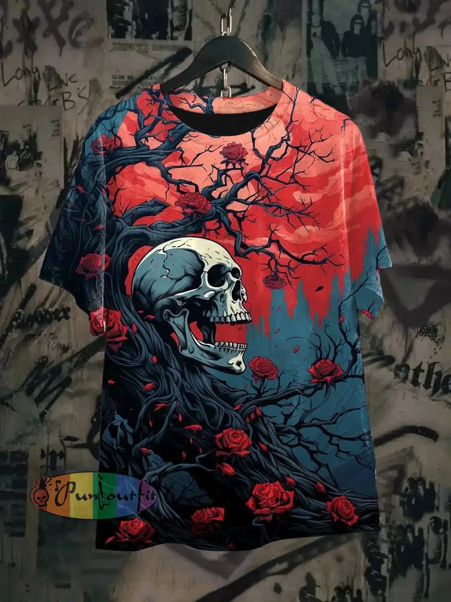 Unisex Vintage Punk Skull Rose Floral Tree Branch Abstract Print Casual Cotton Short Sleeve T-Shirt Blue / S