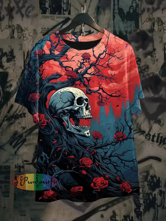 Unisex Vintage Punk Skull Rose Floral Tree Branch Abstract Print Casual Cotton Short Sleeve T-Shirt Blue / S