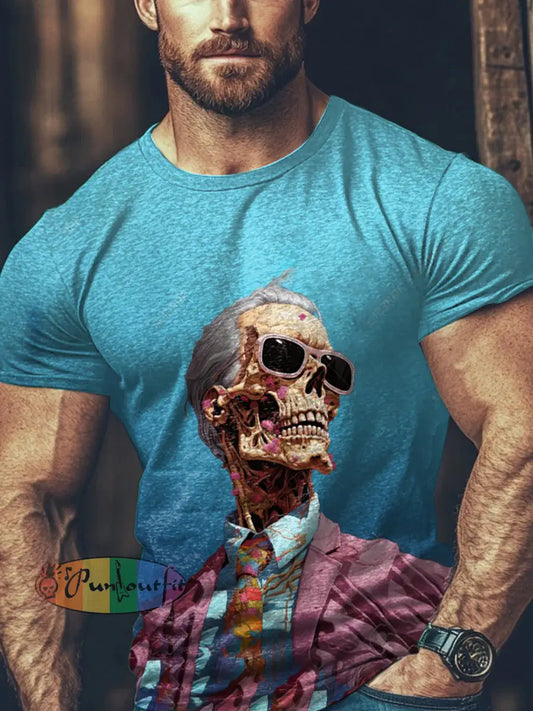 Unisex Vintage Punk Suit Skull Art Abstract Print Casual Cotton Short Sleeve T-Shirt Blue / S