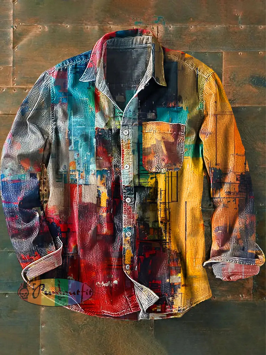 Unisex Vintage Rainbow Color Abstract Art Print Cotton Lapel Long Sleeve Pocket Shirt Colorful / S
